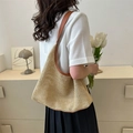 Women's handwoven straw tote bag with brown leather trim for summer beach travel outings - Brown