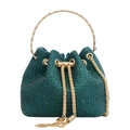 Bolso saco verde oscuro con diamantes de imitación y asa de anillo dorado para fiesta - Verde