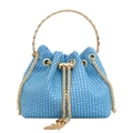 Sky blue rhinestone bucket bag with golden circular handle and elegant chain strap - Blue