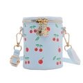 Sac seau cylindrique bleu clair avec imprimé cerises et zips fleurs dorées - Bleu