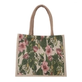 Retro canvas tote bag with pink floral jacquard pattern and brown braided handles - Green Background Pink Flower (Style 3)