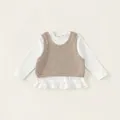 Completo bambina con camicetta bianca a volant e gilet in maglia marrone grossa - 110 / Cachi Grigio