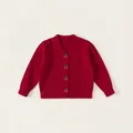Cardigan in maglia rossa per bambina con bottoni a ciliegia 3D e polsini a coste - Rosso / 110