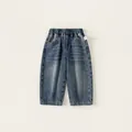Classic mid-blue boys denim straight leg pants with elastic waist and whiskering detail - 80 / Denim Blue