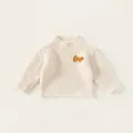 Kids' off-white waffle knit sweater with mock neck and orange cat patch detail - Apricot / 90