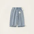 Jeans a gamba larga celeste per bambine con vita alta elastica e bordo a volant - Blu Denim / 140