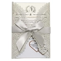 Laser cut lace wedding invitation in cream with elegant silver grey satin ribbon bow - Silver
