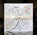 Elegant white laser-cut wedding invitation with butterfly patterns and beige ribbon bow - White Inner Lining (HK-23X)