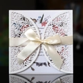 Detail of laser-cut rose patterns on white wedding invitation with cream satin bow - White