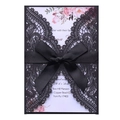 Elegant black laser-cut lace wedding invitation with a satin ribbon bow and floral card - Black Khaki