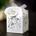 European laser cut white paper candy gift box with floral pattern and ribbon - Style with Tag