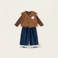 Meisjesset met bruin gebreid vest, bloemenhemd en wijde broek met kanten afwerking - 80 / Bruin