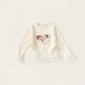 Sweat-shirt crème à manches longues pour filles avec patch ours peluche et bord en dentelle - Blanc Cassé / 80