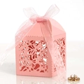 Pink laser-cut hollow floral gift box with ribbon for wedding party favors and candy - Pink