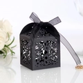 Elegant hollow black favor box with intricate floral laser-cut design and ribbon - Black Khaki