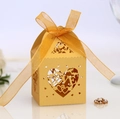 Golden laser cut wedding favor box with LOVE heart pattern and matching ribbon - 50 Pieces / Gold