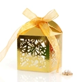 Golden laser-cut hollow gift box with elegant organza ribbon bow for party favors - Reflective Gold