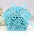Elegant light blue laser-cut flower candy box with silk ribbon for wedding and party gifts - Turquoise Blue