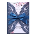 Navy blue laser cut wedding invitation with satin bow and floral inner card - Magic Blue