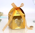 Golden heart-shaped favor box with LOVE cutout and a satin orange ribbon bow - 50 Pieces / Reflective Gold