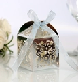 Silver laser-cut hollow wedding candy box with elegant light blue silk ribbon bow - Reflective Silver