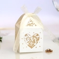 Elegant white laser-cut LOVE heart candy box with white organza ribbon for wedding - 50 Pieces / Ivory
