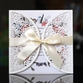 Weiße lasergeschnittene Hochzeitseinladung mit Satinband und floralem Innendesign - Weiß
