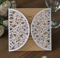 Close-up of laser-cut butterfly lace invitation with rustic kraft paper insert - Fine Butterfly Pattern Style (HK-23)