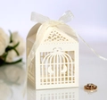 Elegant birdcage hollow heart wedding favor box in off-white paper with ribbon bow - Ivory