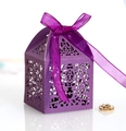 Elegant purple laser cut wedding favor box with satin ribbon bow on white surface - Dark Purple
