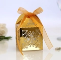 Laser cut gold mirror paper favor box with elegant hollow cross and orange ribbon bow - Reflective Gold
