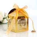 Golden birdcage wedding favor box with hollow heart patterns and orange ribbon - Reflective Gold