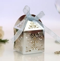 Silver laser-cut hollow cross candy box for weddings with light blue ribbon - Reflective Silver