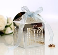 Silver birdcage favor box with laser-cut heart pattern and light blue ribbon bow - Reflective Silver