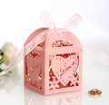 Pink laser cut wedding favor box with Love heart patterns and elegant silk ribbon - Pink