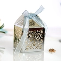 Silver laser-cut candy gift box with vintage patterns and light blue ribbon detail - Reflective Silver