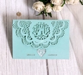 Mint green laser-cut wedding invitation card with intricate lace and bird design - Tiffany Blue