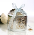 Silver laser cut candy box with floral patterns and a light blue organza ribbon bow - Mirror Silver