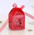 Elegant red laser-cut favor box with cross pattern and matching silk ribbon for weddings - Pearlescent Red