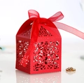 Laser cut red wedding favor box with textured paper and matching organza ribbon - Pearlescent Red