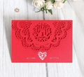 Red laser-cut wedding invitation with intricate floral bird pattern and silver text - Pearlescent Red