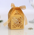 Golden laser-cut cross favor box with ribbon for wedding or religious events - Gold