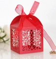 Elegant red laser-cut wedding favor box with a delicate matching chiffon ribbon bow - Pearlescent Red
