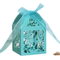 Laser-cut Tiffany blue hollow favor box with floral patterns and a matching ribbon bow - Turquoise Blue