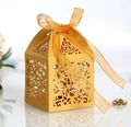Laser cut hollow wedding candy box in metallic gold finish with matching silk ribbon - Gold