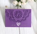 Deep purple laser cut wedding invitation with intricate lace bird and heart patterns - Dark Purple