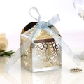 Silver laser-cut spider web gift box with a light blue satin ribbon for Halloween - Reflective Silver