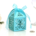 Light blue laser-cut cross wedding favor box with a matching sheer organza ribbon bow - Turquoise Blue