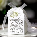 White laser cut wedding favor box with silver silk ribbon and Thank You tag - White With Tag