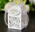 Elegant white laser-cut wedding favor box with champagne glass design and white ribbon - White (with Thank You Tag)
